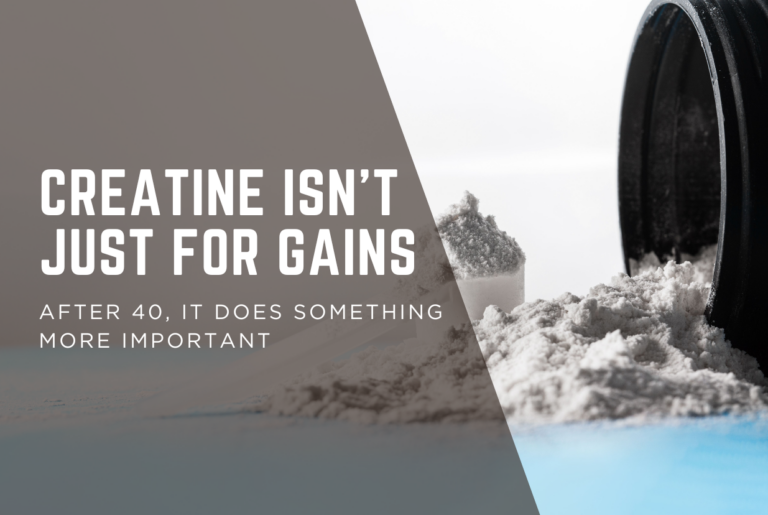 Scoop of white creatine powder beside a dark supplement tub, creatine after 40