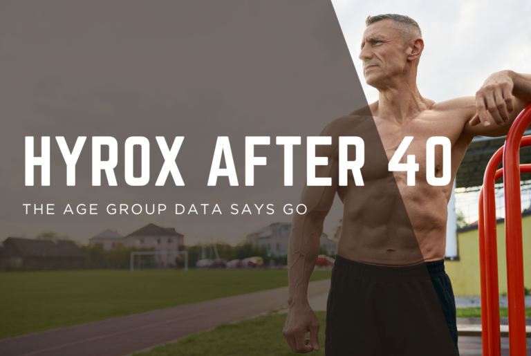 Fit older man leaning on outdoor training bars, HYROX after 40.